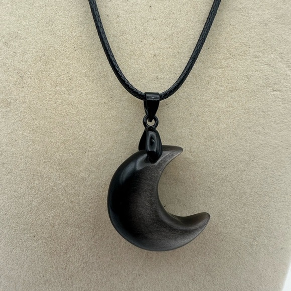 Silver Sheen Obsidian Crescent Moon Pendant Necklace - Picture 1 of 10